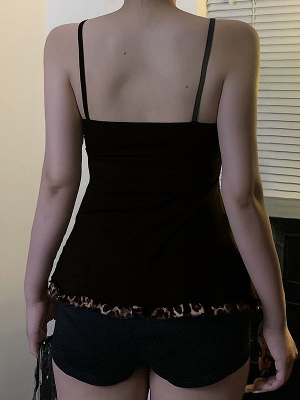 Black Leopard Print Color-blocked Mesh A-line Camisole