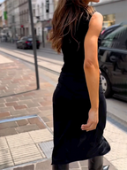 Mock Neck Sleeveless Knot Front Ruched Wrap Asymmetric Hem Midi Dress