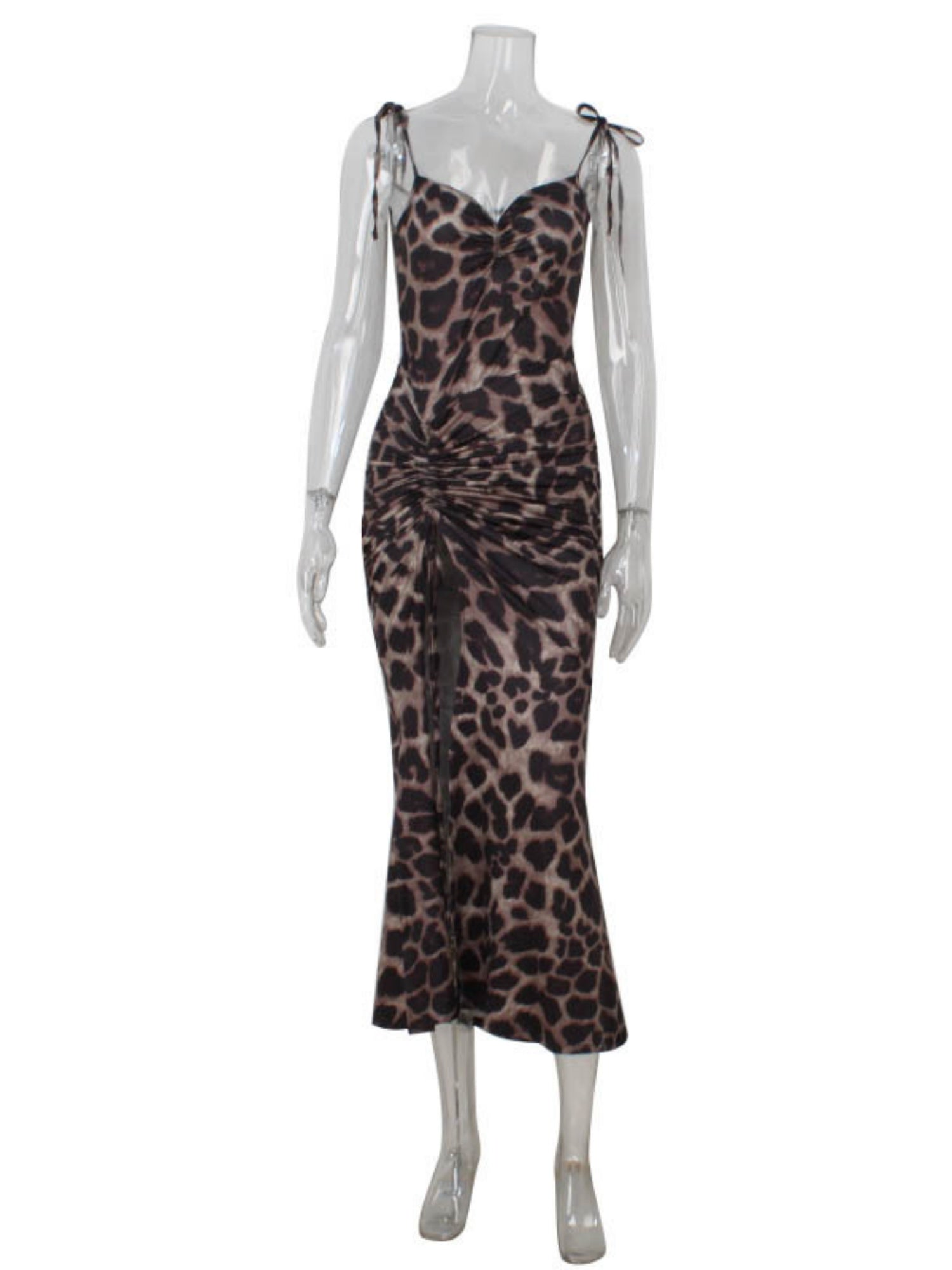 Leopard Print High-waisted Halter Top Split Hip Wrap Maxi Dresses