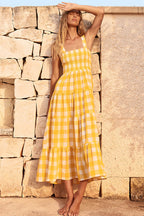 Gingham Square Neck Smocked Wide Strap Tiered Babydoll Maxi Dress