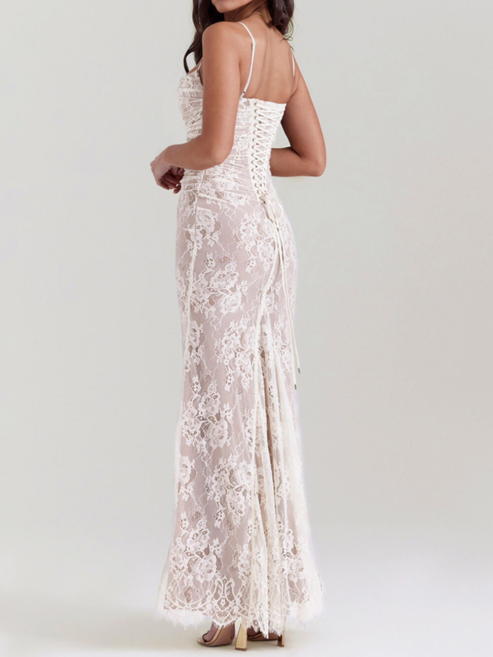 Square Neck Floral Lace Ruched Draped Bolero Sleeve Maxi Gown