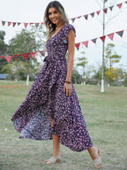 Wrap-up V-neck Bandage Asymmetrical Skirt Vacation And Leisure Maxi Dresses