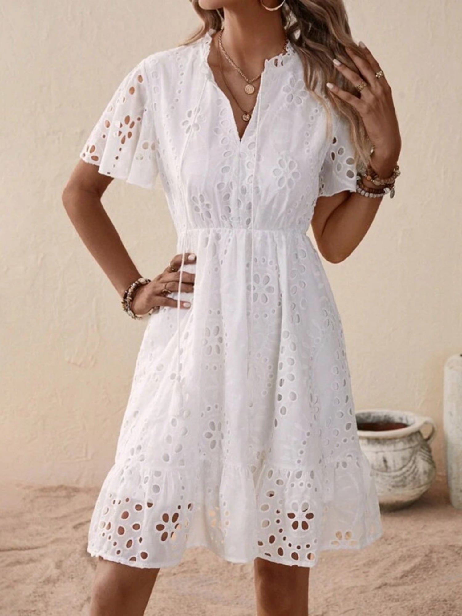Lace Cutout Embroidered Lace V-neck Tie Mini&Short Dresses