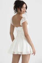 Square Neck Ruched Bust Lace Cap Sleeve Lace Hem Mini Dress