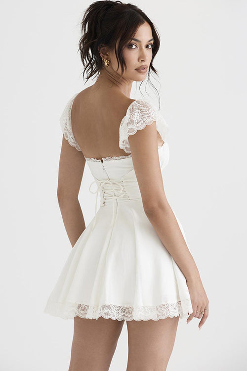 Square Neck Ruched Bust Lace Cap Sleeve Lace Hem Mini Dress