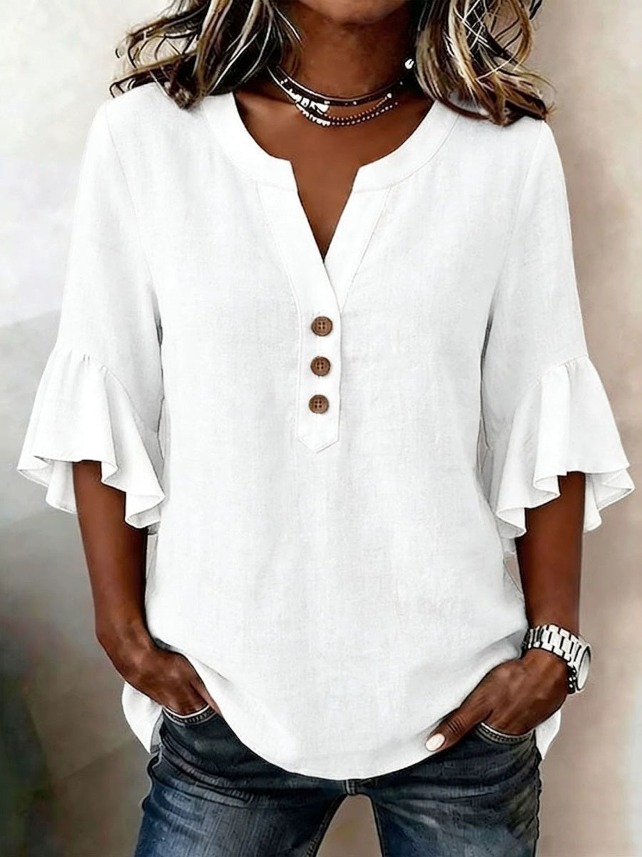 V-neck Solid Color Button Casual Ruffle Sleeve T-shirt