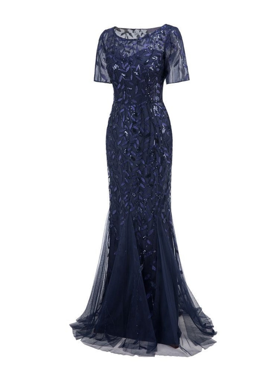 Embroidery Sequins Fishtail Spliced Mesh Formal Dress Maxi Dresses