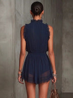 Sleeveless Dark Blue Lace-trimmed V-neck Short Dress