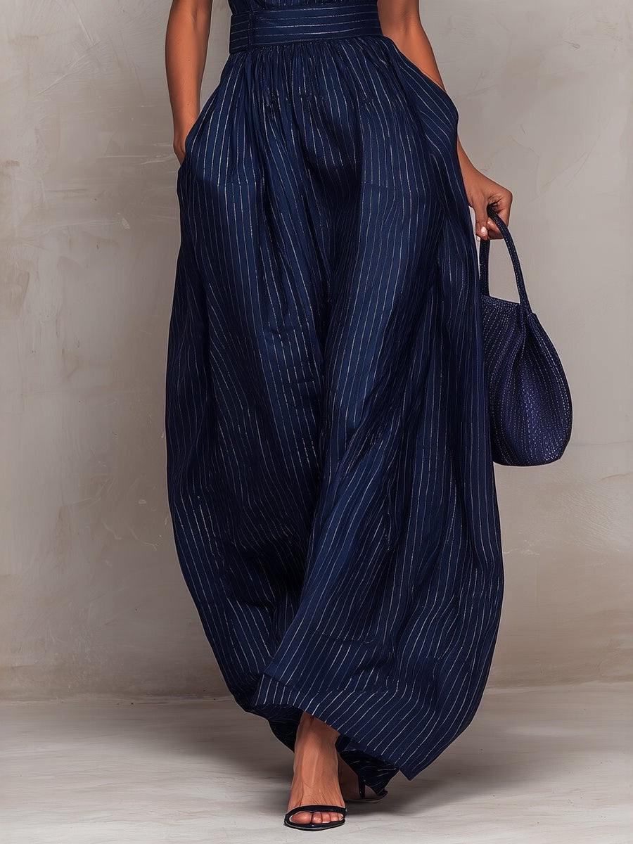 Dark Blue Striped Sleeveless Fitted Waist Wide-leg Jumpsuit