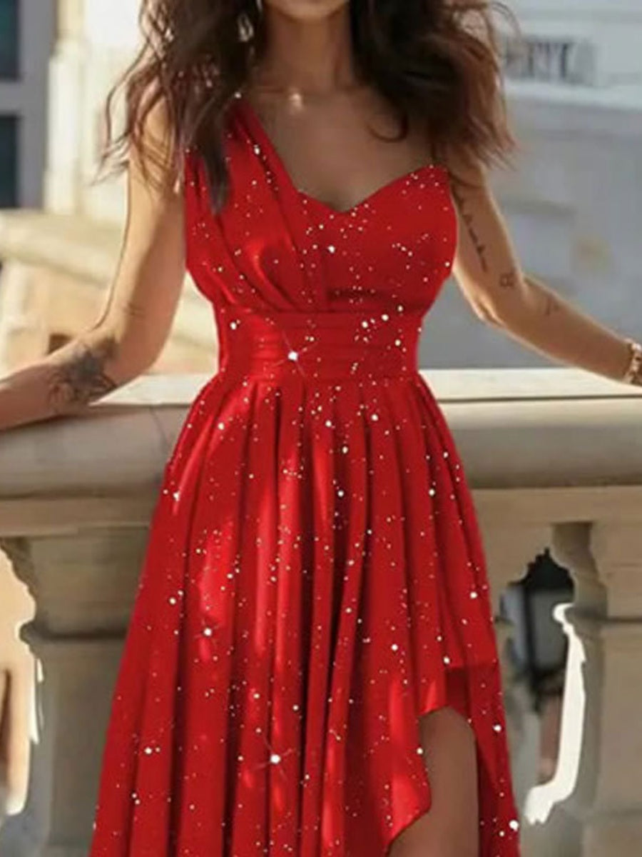 Sloping Shoulders High Waist Formal Dress Irregular Hem Maxi Dresses
