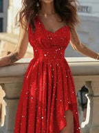 Sloping Shoulders High Waist Formal Dress Irregular Hem Maxi Dresses