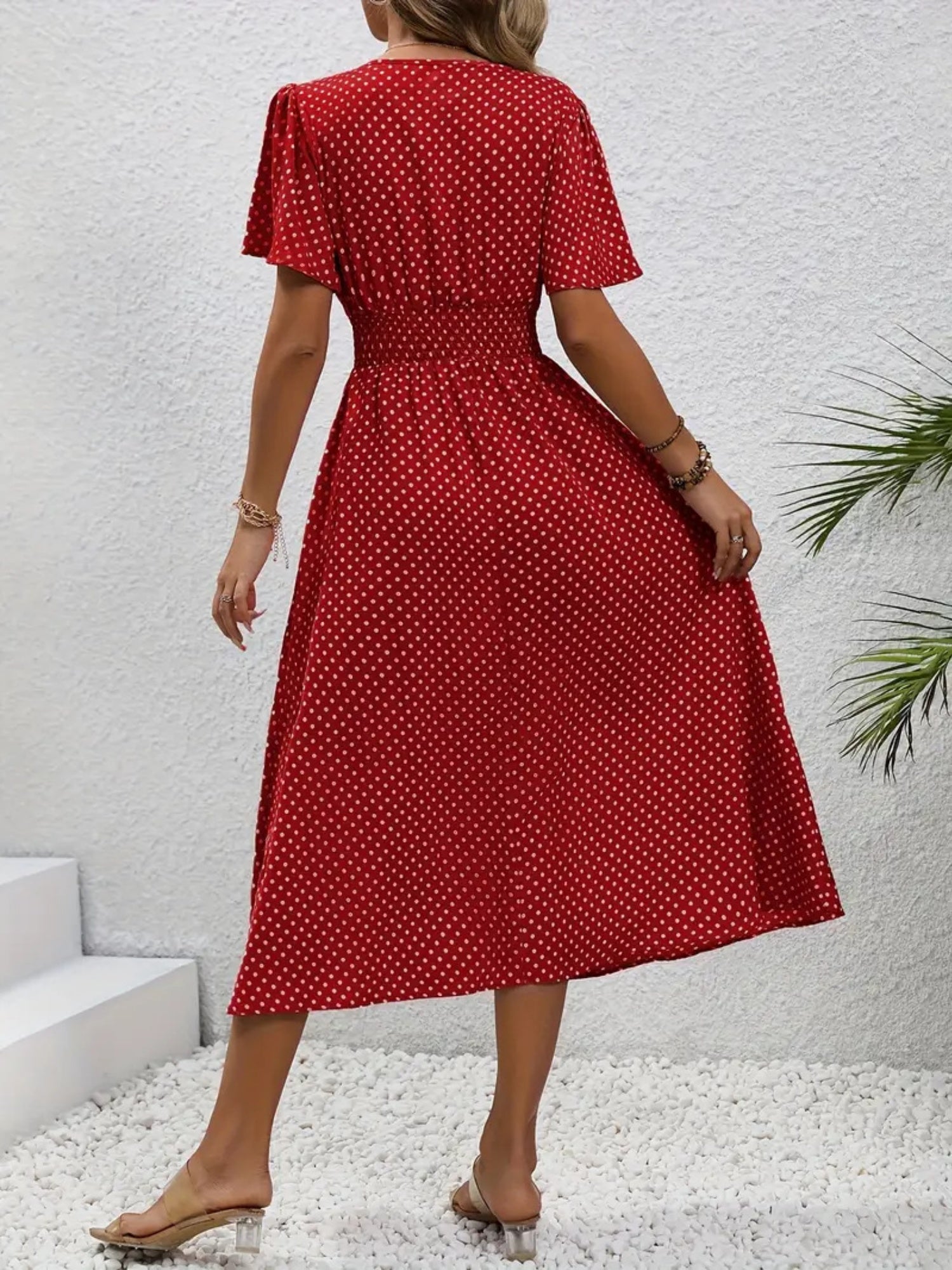 Polka Dots V-neck Waist Shaping Short Sleeves Maxi Dresses