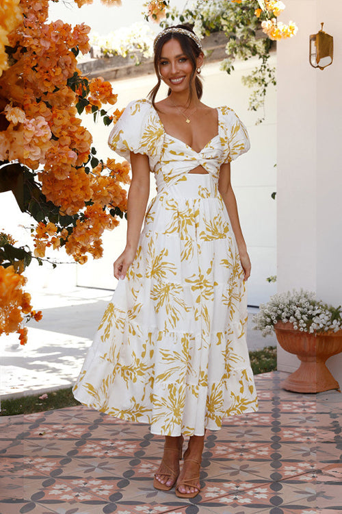Off Shoulder Twist Front Cut Out Puff Sleeve Tiered Floral Maxi Dress