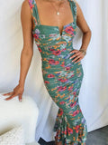 Printed Gathering Camisoles V-neck Ruffle Maxi Dresses