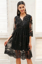 Floral Sequin Mesh Overlay Deep V-Neck Flutter Sleeve Midi Dress