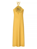 Rhinestone 3D Flower Halter Neck And Backless Satin Maxi Dresses