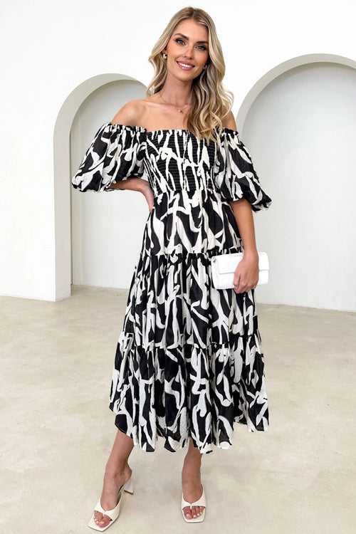 Botanical Floral Print Off Shoulder Smocked Puff Sleeve Tiered Midi Dress