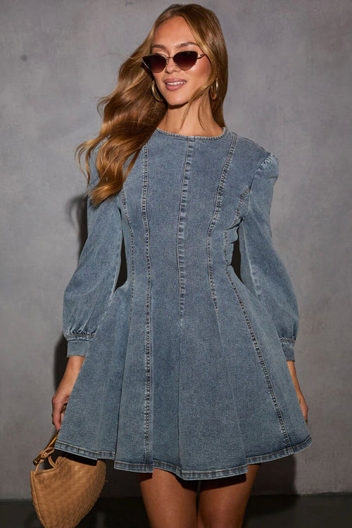 Denim Puff Shoulder Paneled Fit and Flare Mini Dress