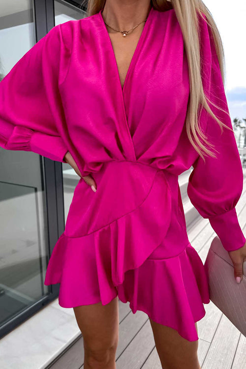 Satin Wrap V-Neck Balloon Sleeve Ruffle Hem Wrap Mini Dress