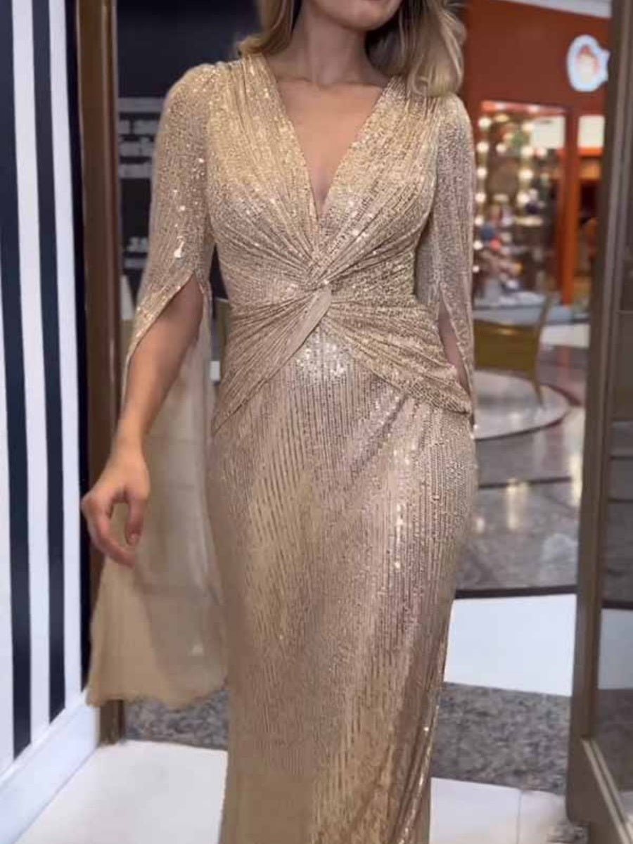 V-neck Hip-hugging Sequins Cloak Parties Maxi Dresses