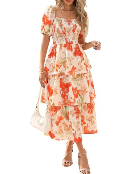 Square Neck Short-sleeved Chiffon Long Dress With A Fitted Waist And Floral Print
