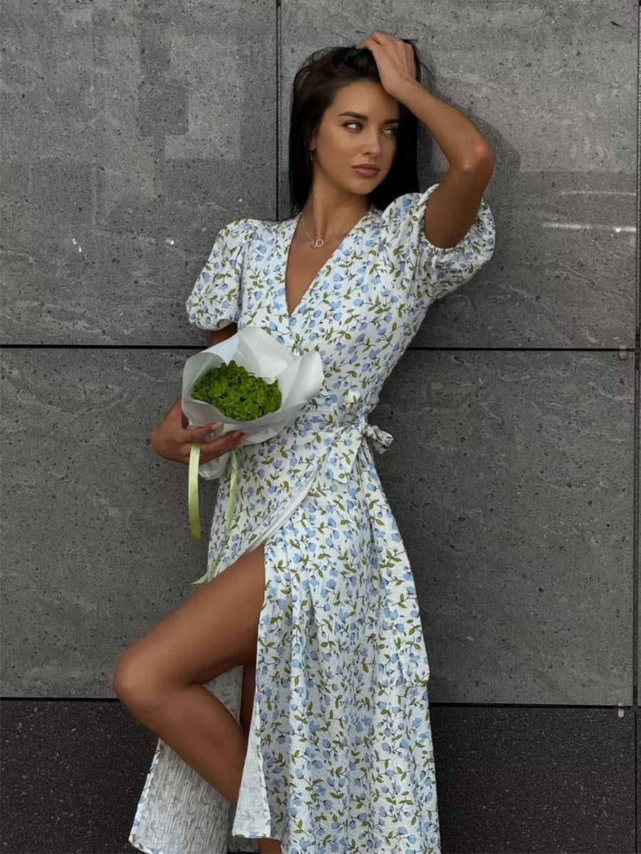 Pure Cotton Bandage Wrap-up Puff Sleeve Printed Comfort Maxi Dresses