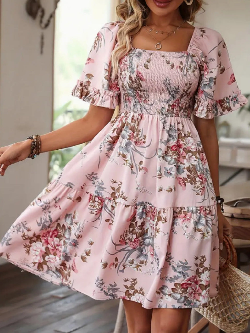 Printed Pleated Square Neck Short Sleeve Mini&Short Dresses
