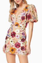 3D Floral Applique Puff Sleeve V Neck Sheer Mesh Mini Dress