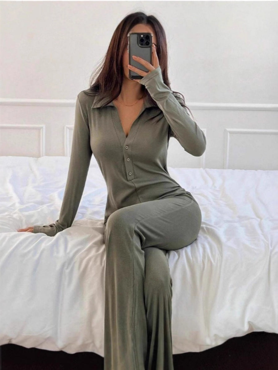 Polo Collar Knitting Long Sleeve Buttock Lift Jumpsuits