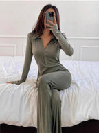 Polo Collar Knitting Long Sleeve Buttock Lift Jumpsuits