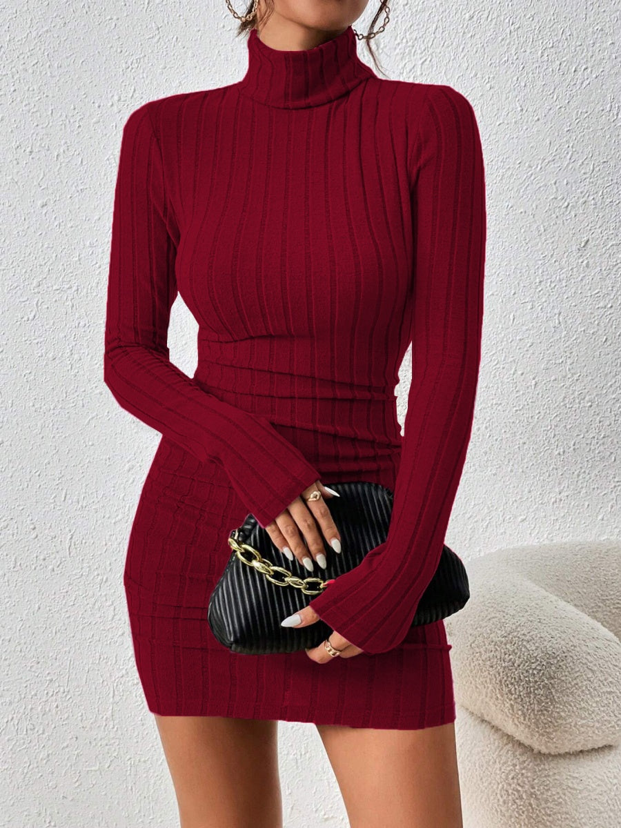 Knitting Turtleneck Long Sleeve Tight Fit Solid Color Pit Strip Mini&Short Dresses