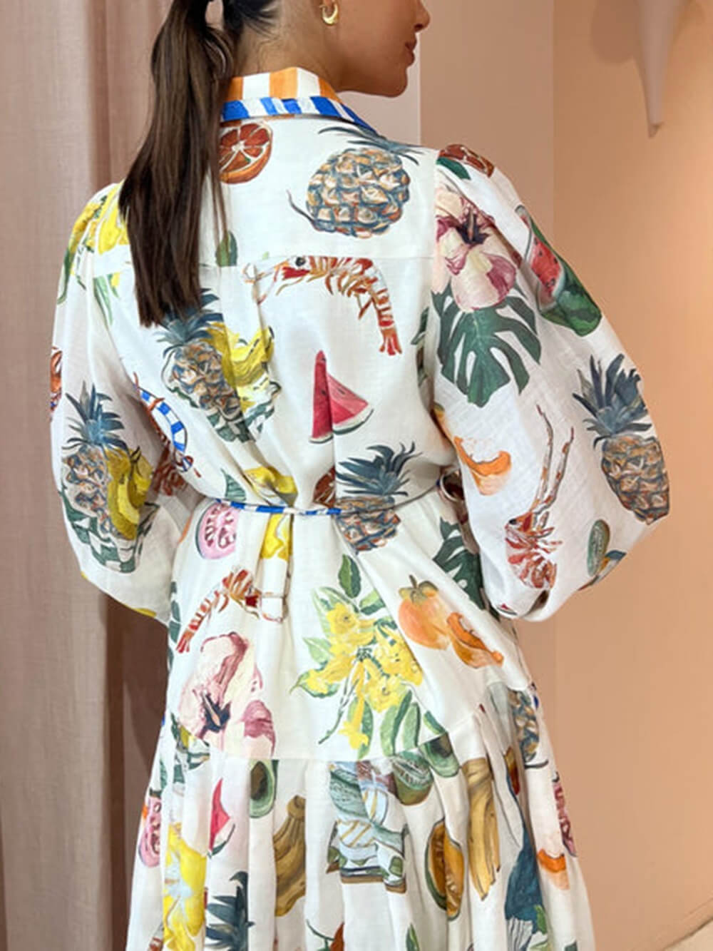 Tropical Fruit Seafood Print Collared Lantern Sleeve Tie Waist Maxi Shirt Dress