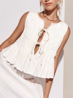 Cotton And Linen Straps Pleated Tank Tops