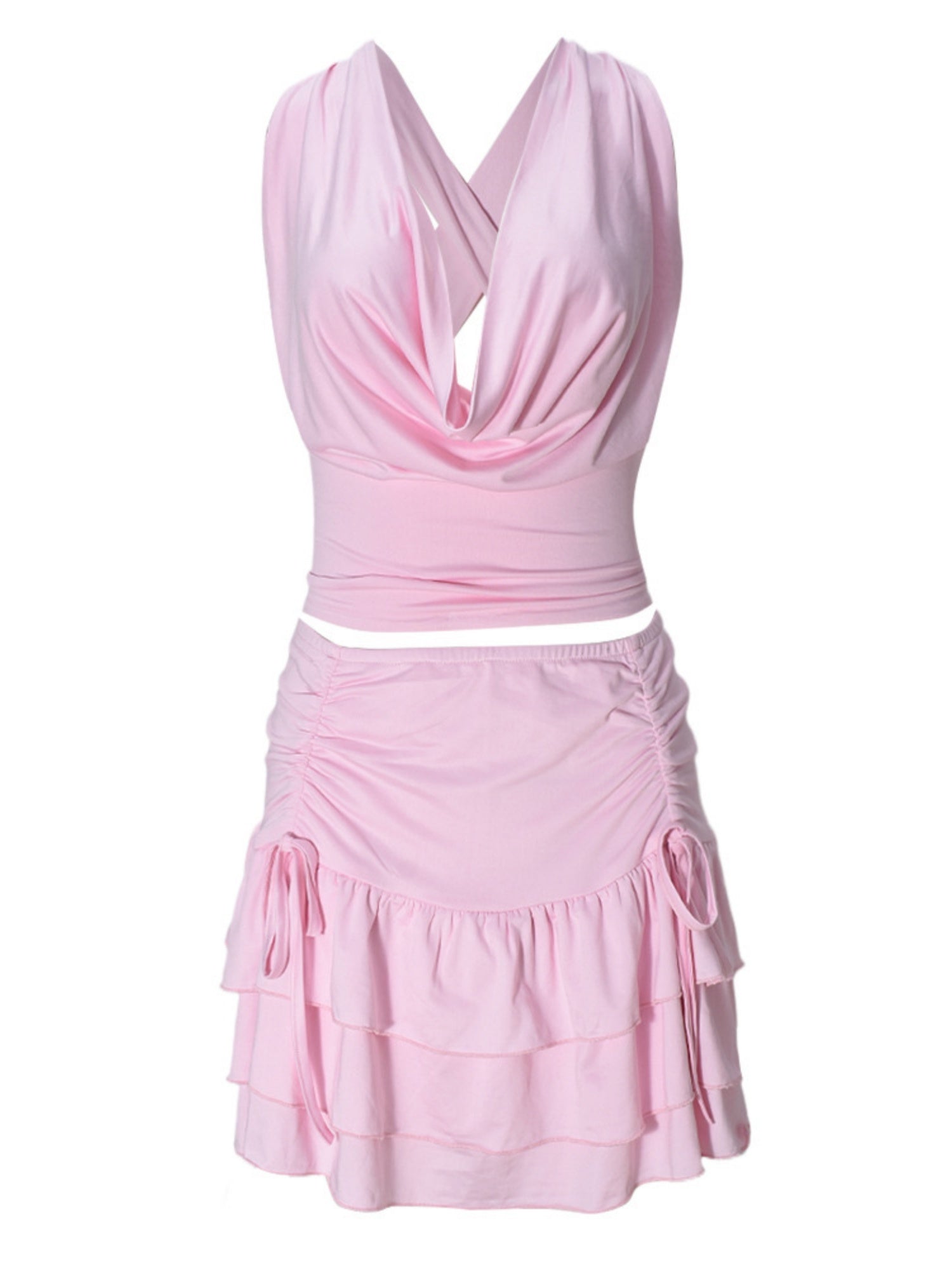 Drape-neck Top Ruffled Mini Skirt 2-piece Sets