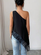 Irregular Hem Lace Stitching Sloping Shoulders Metal Tank Tops&Camis