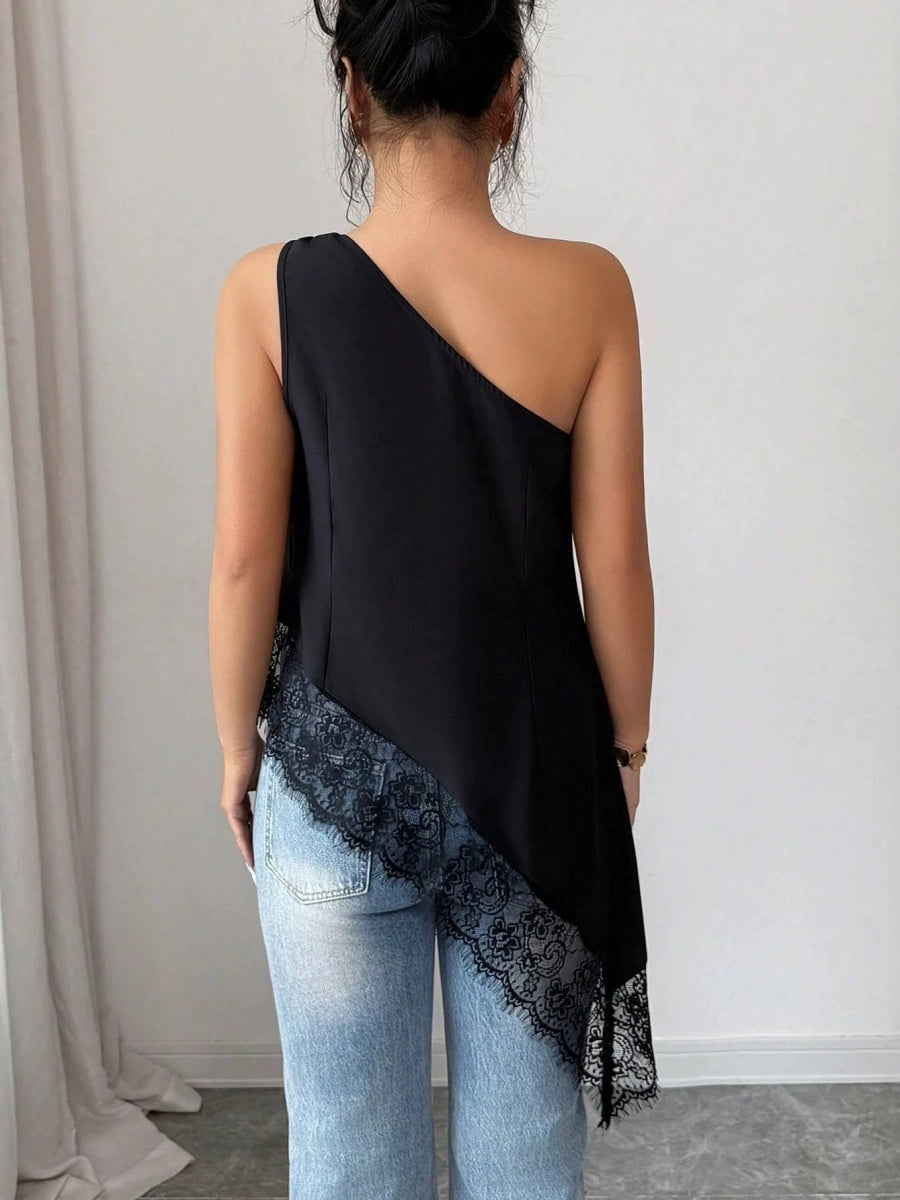 Irregular Hem Lace Stitching Sloping Shoulders Metal Tank Tops&Camis