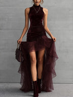Velvet Turtleneck Sleeveless Irregular Hem Chiffon Evening Dress Maxi Dresses