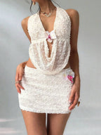 Lace Sway Neck Backless Top Bodycon Mini Skirt 2-piece Sets without Flower
