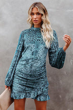 Burnout Velvet Mock Neck Damask Bishop Sleeve Ruched Flounce Mini Dress