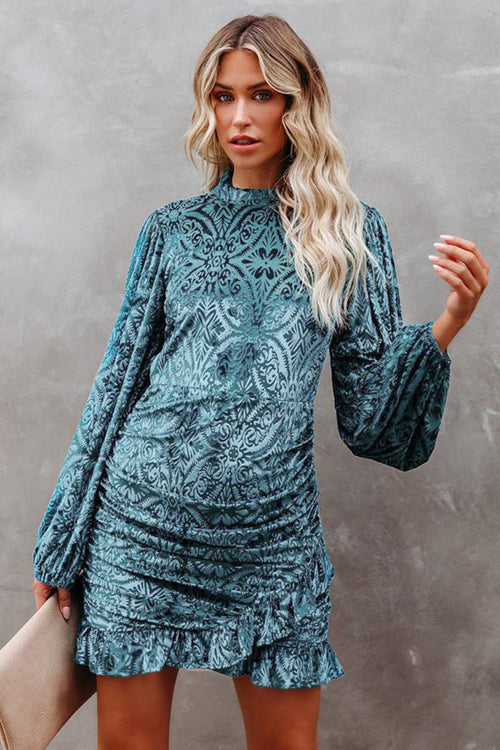Burnout Velvet Mock Neck Damask Bishop Sleeve Ruched Flounce Mini Dress