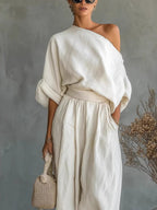 Off-shoulder T-shirt With Pockets, Versatile Casual Loose-fitting Trousers Two-piece Set