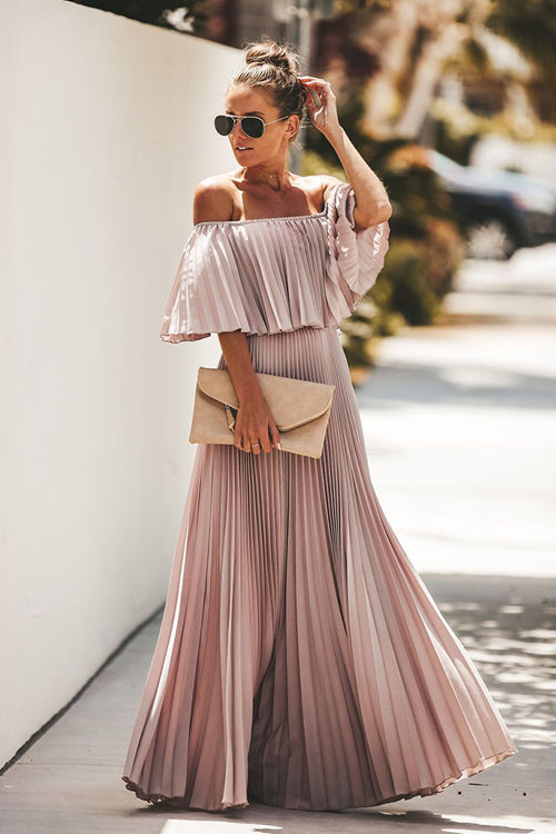 Off Shoulder Pleated Ruffle Overlay Accordion Pleat Maxi Dress