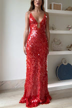 V Neck Cut Out Sequin Bodycon Maxi Cami Party Dress
