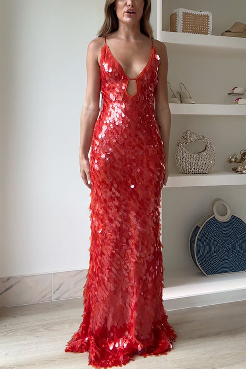 V Neck Cut Out Sequin Bodycon Maxi Cami Party Dress