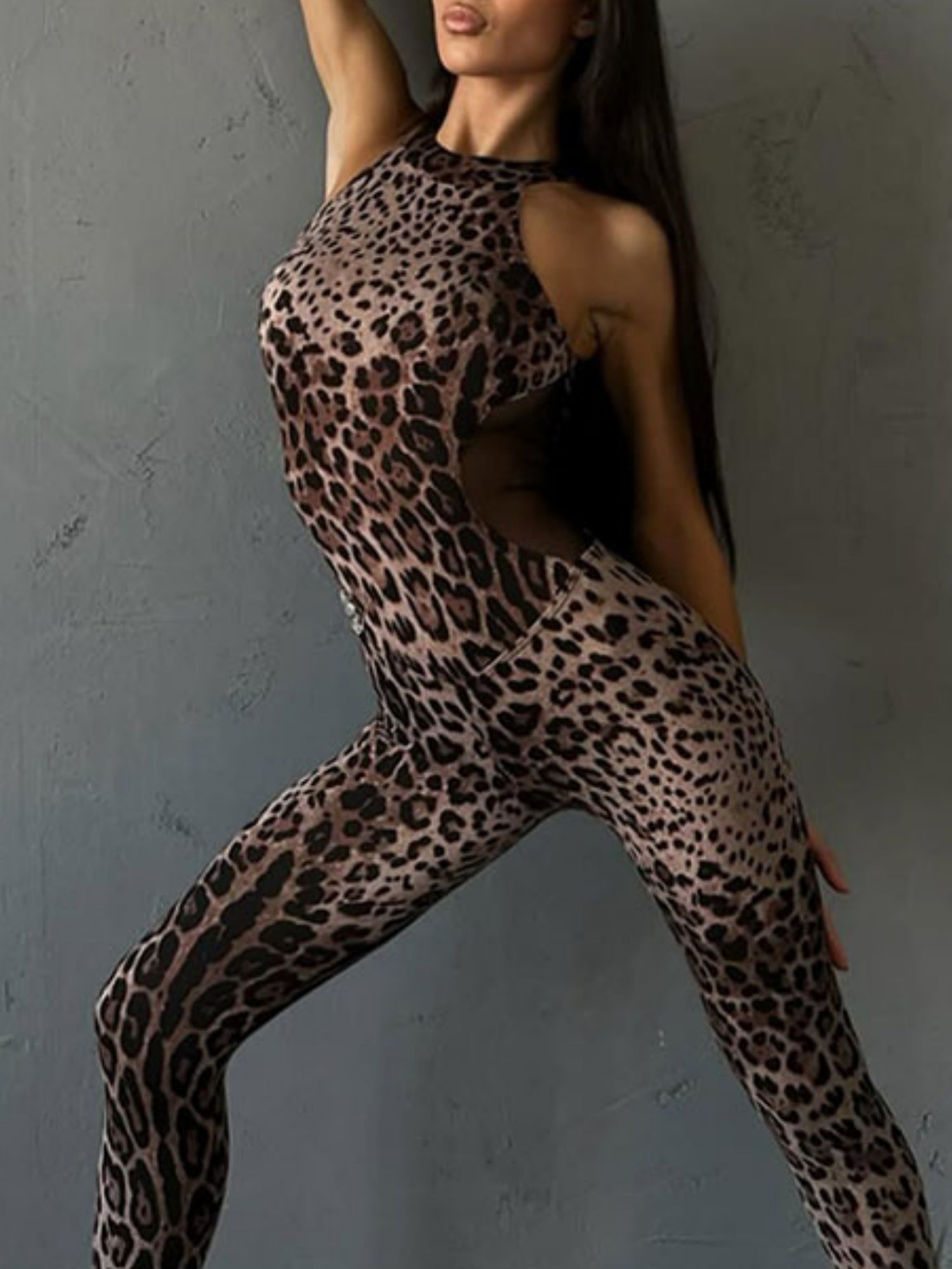 Leopard Print Mesh Splicing Halter-neck Sleeveless Jumpsuits