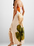 Elegant One-shoulder Halter Long Dress With Large Floral Print