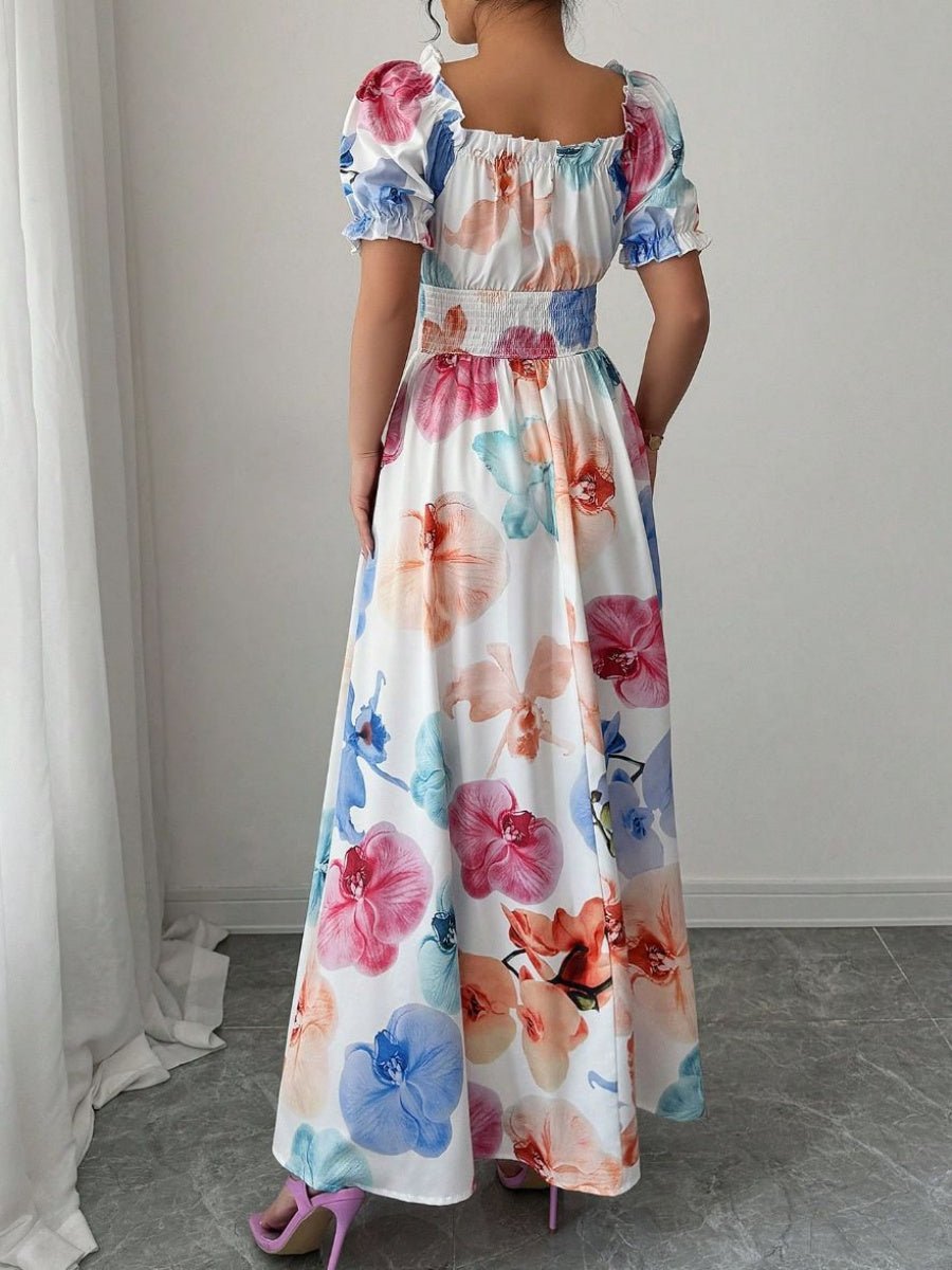 Color One-shoulder Collar Flowers Maxi Dresses