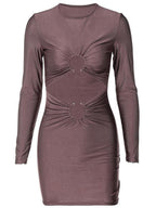 Hollow Out Metal Decoration Slim Fit Hip Body Long Sleeves Mini&Short Dresses