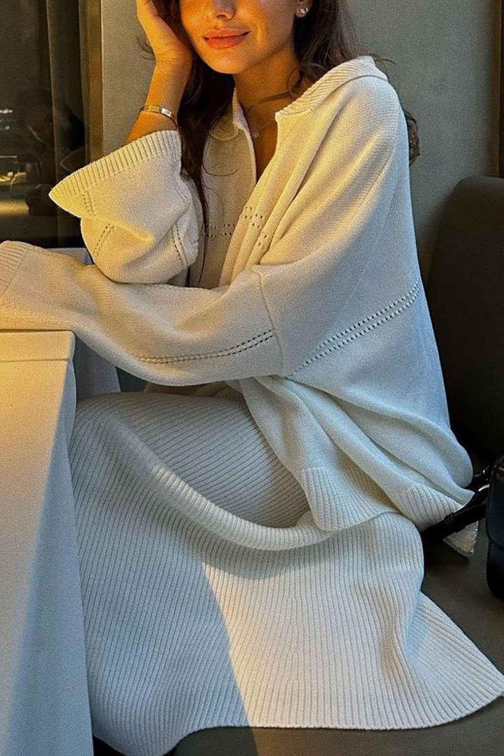 Lapel V Neck Sweater Skirt Set