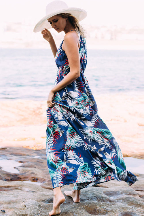 Tropical Palm Leaf Print Halter Neck Sleeveless Maxi Dress